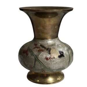 Vtg Hampton Brass Solid Brass Cloisonné Enameled Ornate Fluted Pedestal Vase……